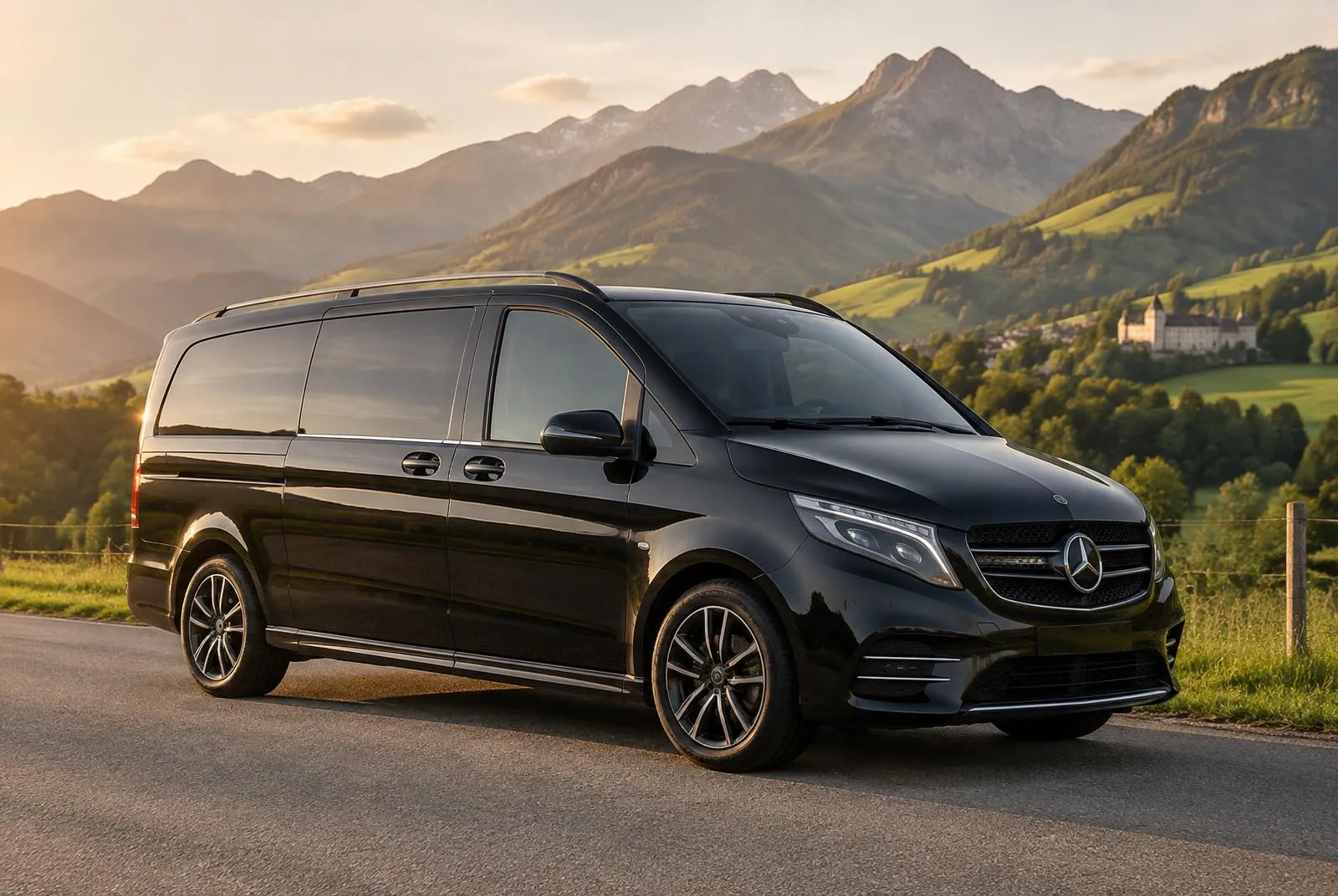 Minibus noir sur une route de Gruyère